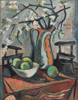 Irma Stern; Still Life with Flat Irons, Apples and Blossoms in a Jug