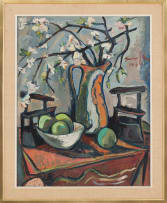 Irma Stern; Still Life with Flat Irons, Apples and Blossoms in a Jug