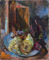 Cecil Higgs; Still Life with Fruit and Vegetables on a Blue Plate