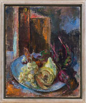 Cecil Higgs; Still Life with Fruit and Vegetables on a Blue Plate