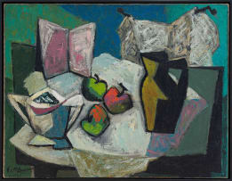 Erik Laubscher; Still Life with Black Jug, Apples, Book and Tureen on a Table