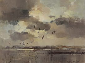 Errol Boyley; Flock of Birds over a Lake