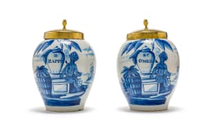 Pair of blue and white tobacco jars and brass covers, Delft,