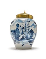 Blue and white tobacco jar and brass cover, Delft,