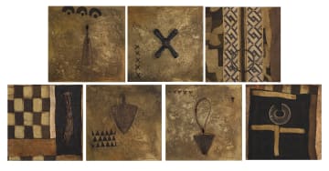 Hannes Harrs; Metal Found Objects on Kuba Cloth, seven