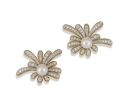 Pair of 18k yellow gold, pearl and diamond flower earrings
