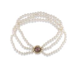 Triple strand pearl and garnet necklace