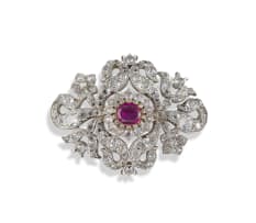 9k white gold, ruby and diamond brooch