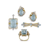 18k yellow and white gold, aquamarine pendant, brooch, ring and earrings suite