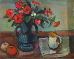 Herbert Coetzee; Still Life with Flowers, Apples and Jug