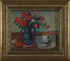 Herbert Coetzee; Still Life with Flowers, Apples and Jug