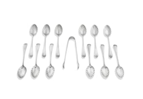 A cased set of twelve silver-plate ‘Hanoverian’ pattern teaspoons and a pair of sugar tongs