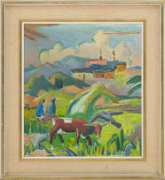 Maggie Laubser; Landscape with Cow, Figures and Houses