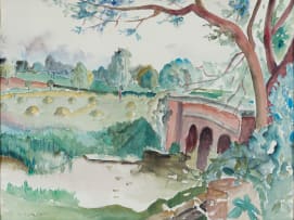 Maud Sumner; Bridge on a River in a Verdant English Landscape