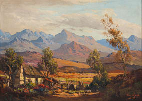 Tinus de Jongh; Cottage with Distant Mountains