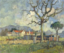 Gregoire Boonzaier; Farmstead with Trees and Mountains