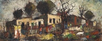 George Enslin; Township Scene with Figures and Dog