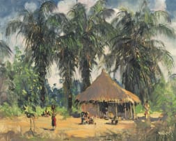 Guilherme d'Oliveira Marques; Hut and Figures Beneath Palm Trees