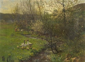 Adolf Lins; Children and Geese by a Riverside