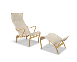 A Bruno Mathsson 'Pernilla' lounge chair and ottoman designed 1941 for Karl Mathsson, Värnamo, 1992, Sweden