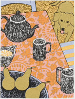 Bronwen (Jinny) Heath; Pink Table-Cloth; Bird-Bath; Blue Chair, three