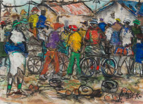 Joe Maseko; Township Scene with Bicycles