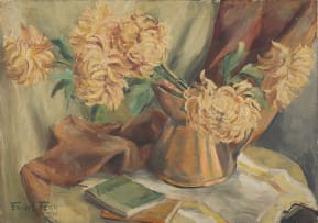 Emily Isabel Fern; Flowers in a Copper Jug with Books