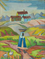 Maggie Laubser; Landscape with Three Houses, a Figure and Two Birds