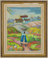 Maggie Laubser; Landscape with Three Houses, a Figure and Two Birds