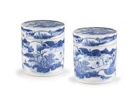 A near pair of Chinese blue and white cylindrical boxes and covers, Qing Dynasty