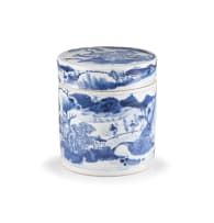 A near pair of Chinese blue and white cylindrical boxes and covers, Qing Dynasty