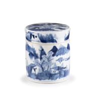 A near pair of Chinese blue and white cylindrical boxes and covers, Qing Dynasty