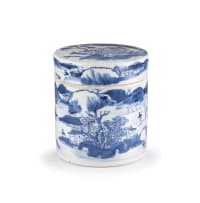 A near pair of Chinese blue and white cylindrical boxes and covers, Qing Dynasty