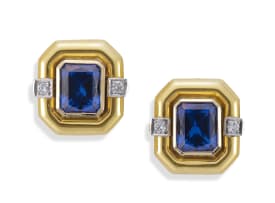 18k yellow gold tanzanite and diamond pendant and a pair of earrings, en suite, Charles Greig