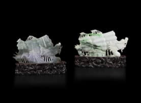 A near pair of Chinese jade dragon boats, 20th century