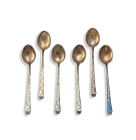 A cased set of six silver and enamel espresso spoons, .925 standard