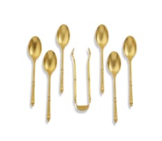 A cased set of French silver-gilt sugar tongs and six espresso spoons, early 20th century