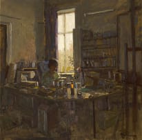 Mike Parsons; Figure Sewing at a Desk