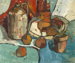 Christa Botha; Still Life with Jug, Fruit and Plant