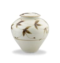 Tim Morris; Bulbous sage- and brown-glazed stoneware vase and cover, with floral motifs