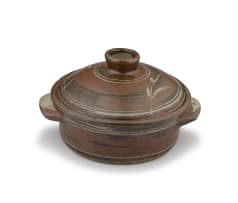 Hyme Rabinowitz; Brown-glazed stoneware casserole dish and cover