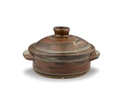 Hyme Rabinowitz; Brown-glazed stoneware casserole dish and cover