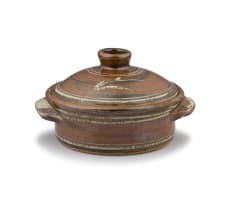 Hyme Rabinowitz; Brown-glazed stoneware casserole dish and cover