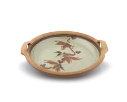 Tim Morris; Shallow sage- and brown-glazed stoneware bowl with handles