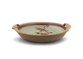 Tim Morris; Shallow sage- and brown-glazed stoneware bowl with handles