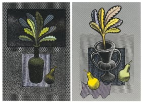 Bronwen (Jinny) Heath; Blue Vase, Yellow Plant; Black Bottle, One Pear, two