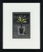 Bronwen (Jinny) Heath; Blue Vase, Yellow Plant; Black Bottle, One Pear, two