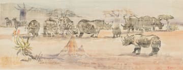 Durant Sihlali; Rhinoceros and Zebra in a Landscape