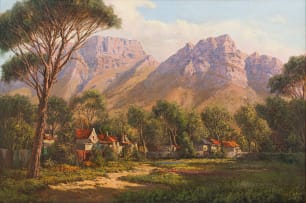 Tinus de Jongh; Landscape with Cottages and Distant Mountains