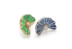 18k two-tone emerald and sapphire fan earrings